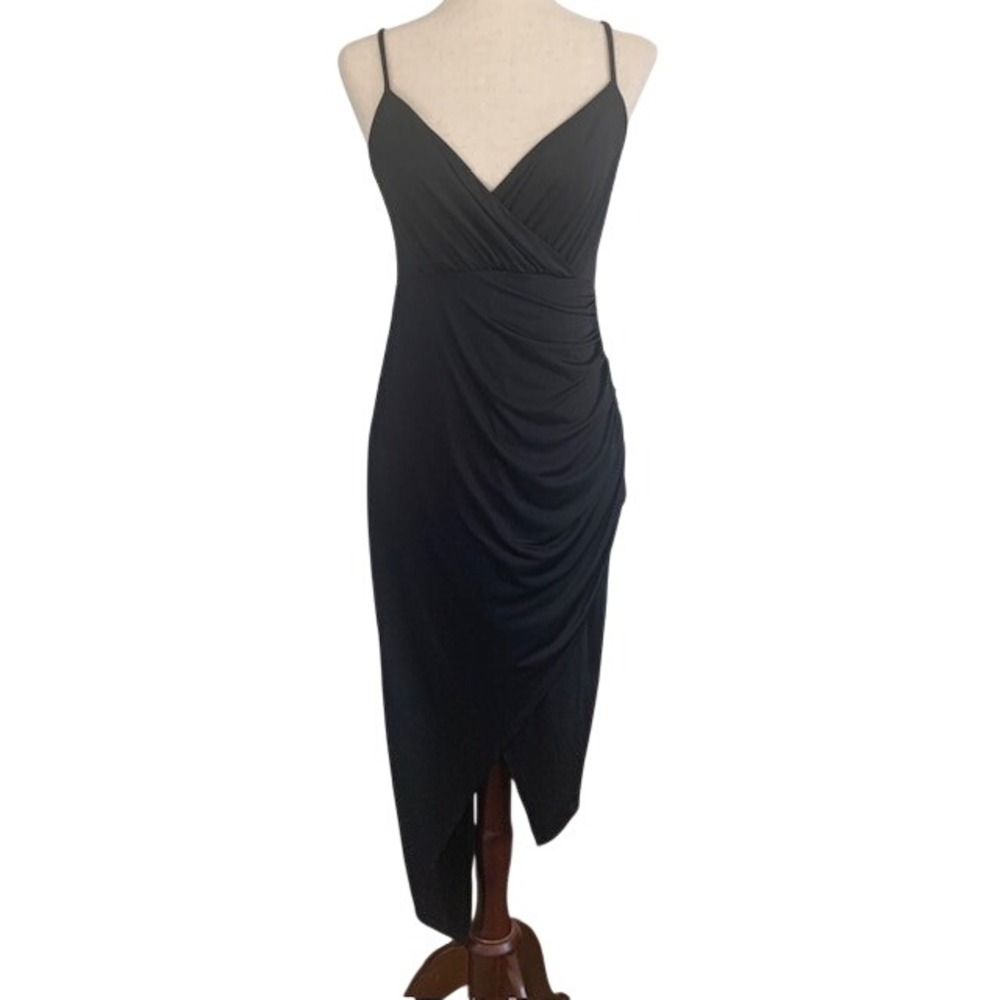 Y2K Bebe Asymmetric Hem Black Midi Slip Dress 8 Ruched Bodycon Cocktail Party